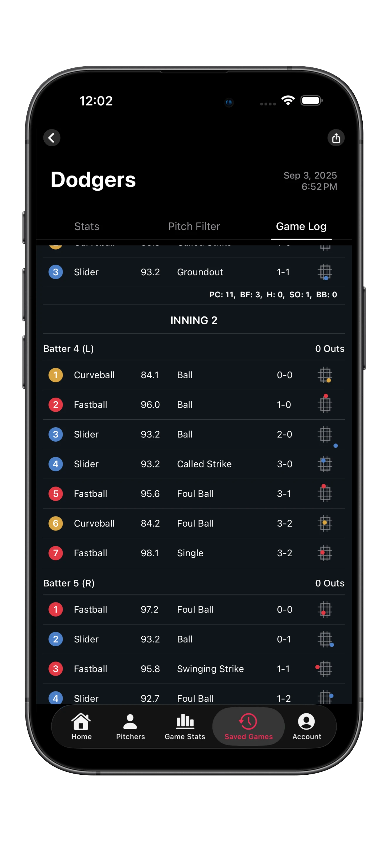 Seam game log showing every pitch by inning and batter