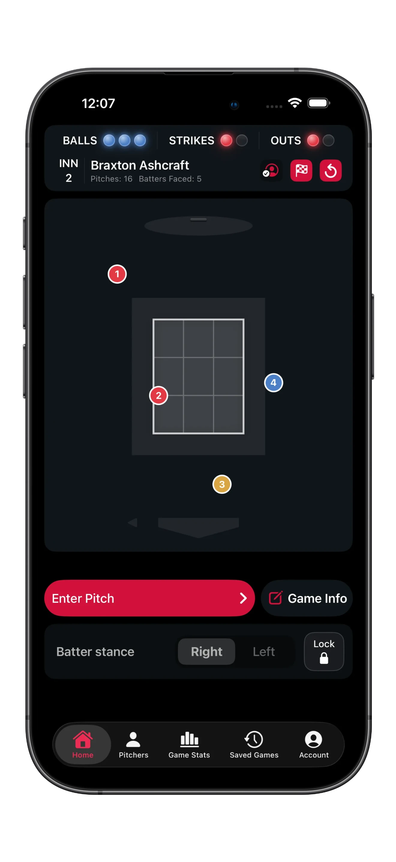 Live pitch charting on the field view